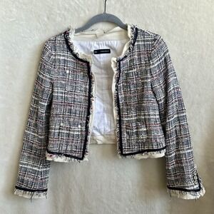 Dsquared2 Navy White Red‎ Tweed Boucle Fringe Trim Cropped Jacket IT 42
